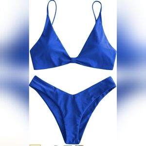 ZAFUL Women's Tie Knot Front Spaghetti Strap High Cut Bikini Set Swimsuit